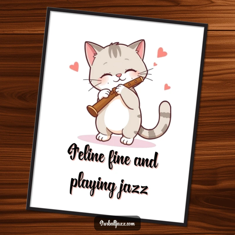 Funny Free Printable Wall Art: Cat swaying rhythmically while playing a clarinet, bringing a cool, jazzy ambiance to any room.