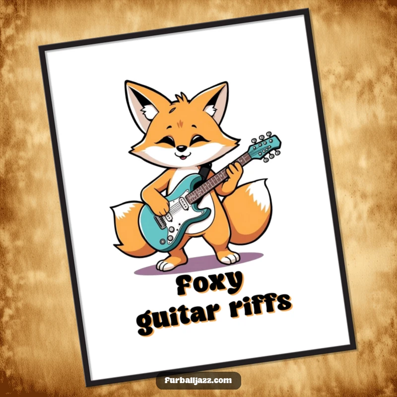 Funny Free Printable Wall Art: A cool fox character grooves with an electric guitar, bringing a vibrant, energetic musical feel.