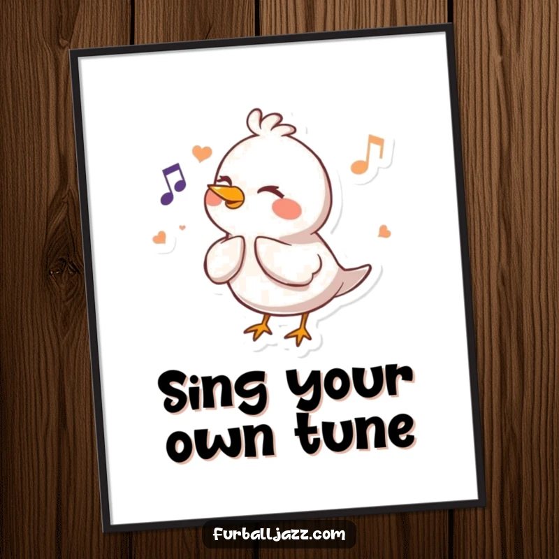 Funny Free Printable Wall Art of a happy bird character joyfully fluting a cheerful melody, adding musical charm to the room.