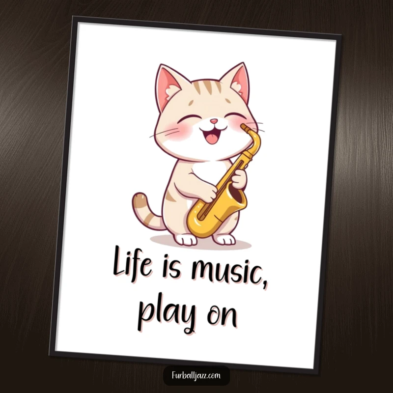 Funny Free Printable Wall Art: A joyful cat ecstatically playing a saxophone, perfect for jazz enthusiasts