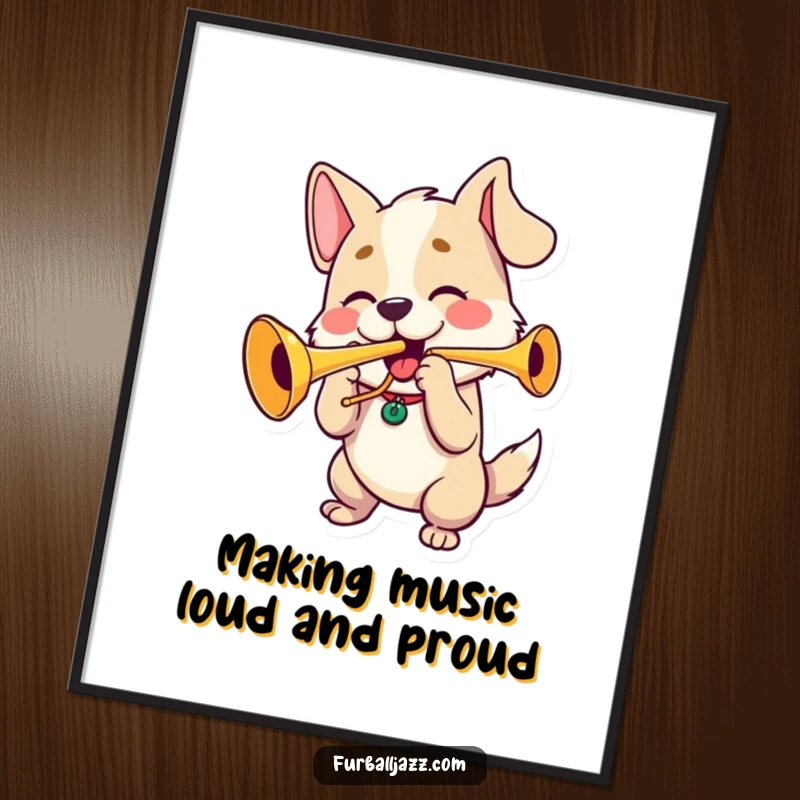 Funny Free Printable Wall Art: A cheerful dog with puffed cheeks joyfully plays a trumpet, bringing a vibrant musical energy.