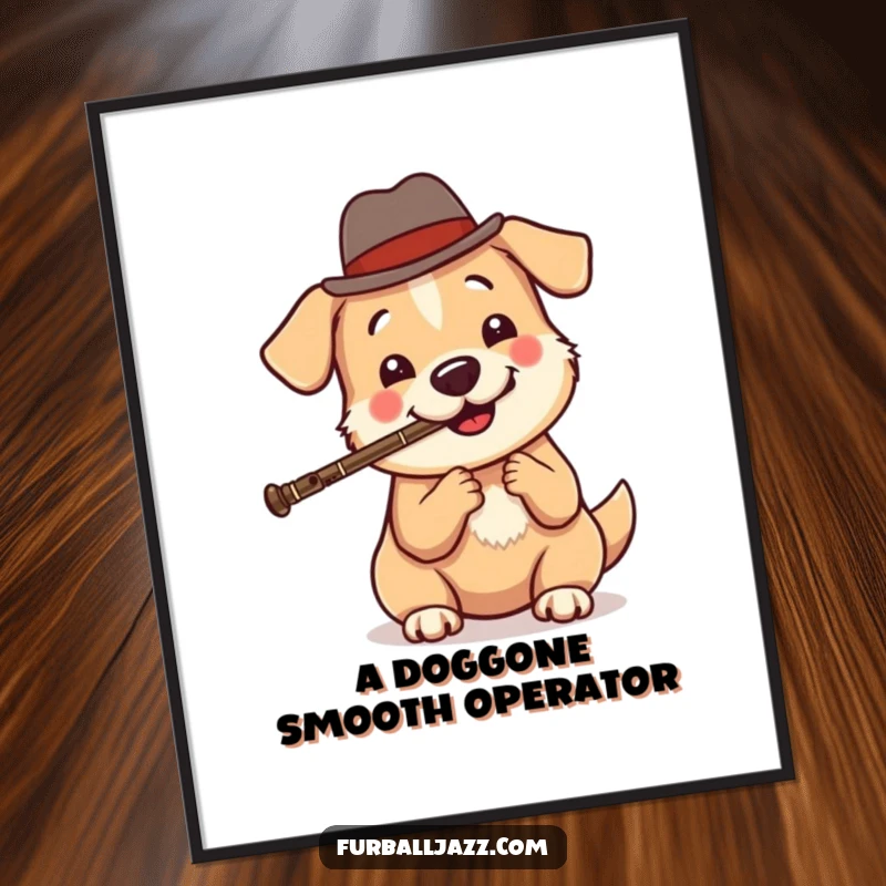 Funny Free Printable Wall Art: A happy, round dog wearing a fedora plays a clarinet with a cool vibe, decor.