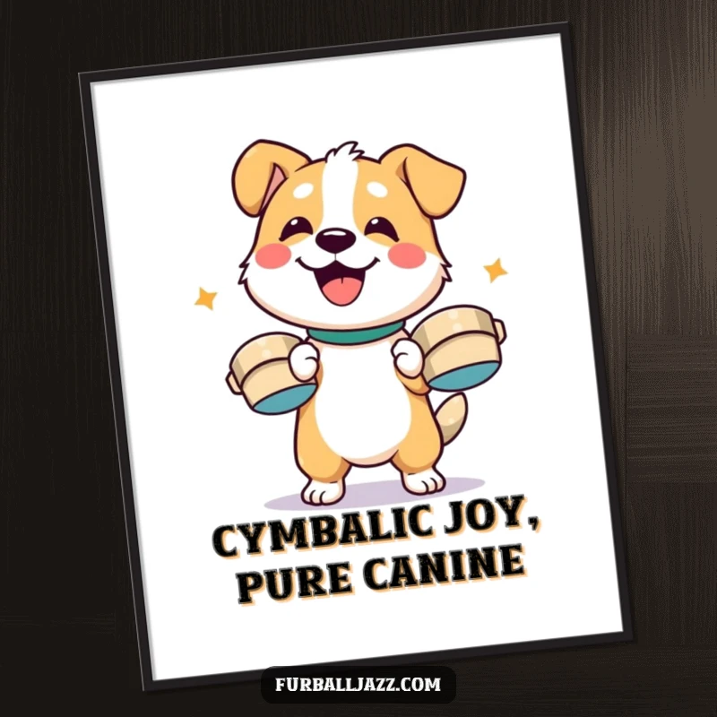 Funny Free Printable Wall Art of a gleeful dog character enthusiastically playing cymbals, radiating pure joy and rhythm.