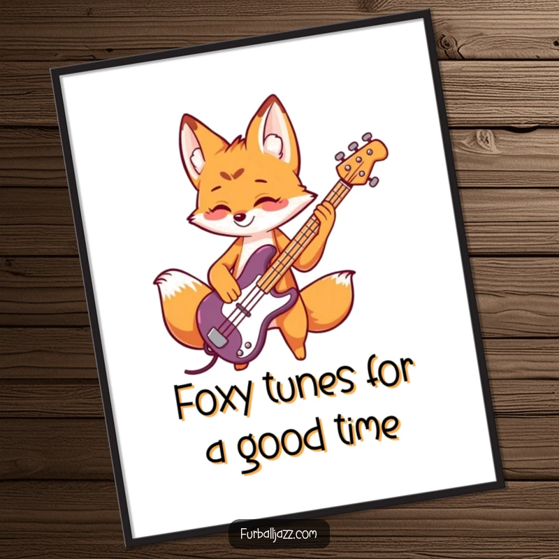 Funny Free Printable Fox Wall Art: Playful fox character energetically playing a bass guitar, radiating cool musical vibes.