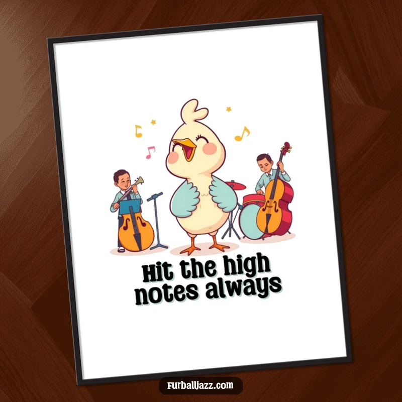 Funny Free Printable Wall Art: A smiling bird takes the mic, belting out a tune with a jazzy band below.