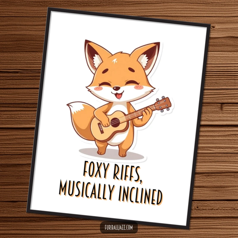 Funny Free Printable Wall Art of a gleeful fox character joyfully strumming a tiny, stylized guitar with a big smile.