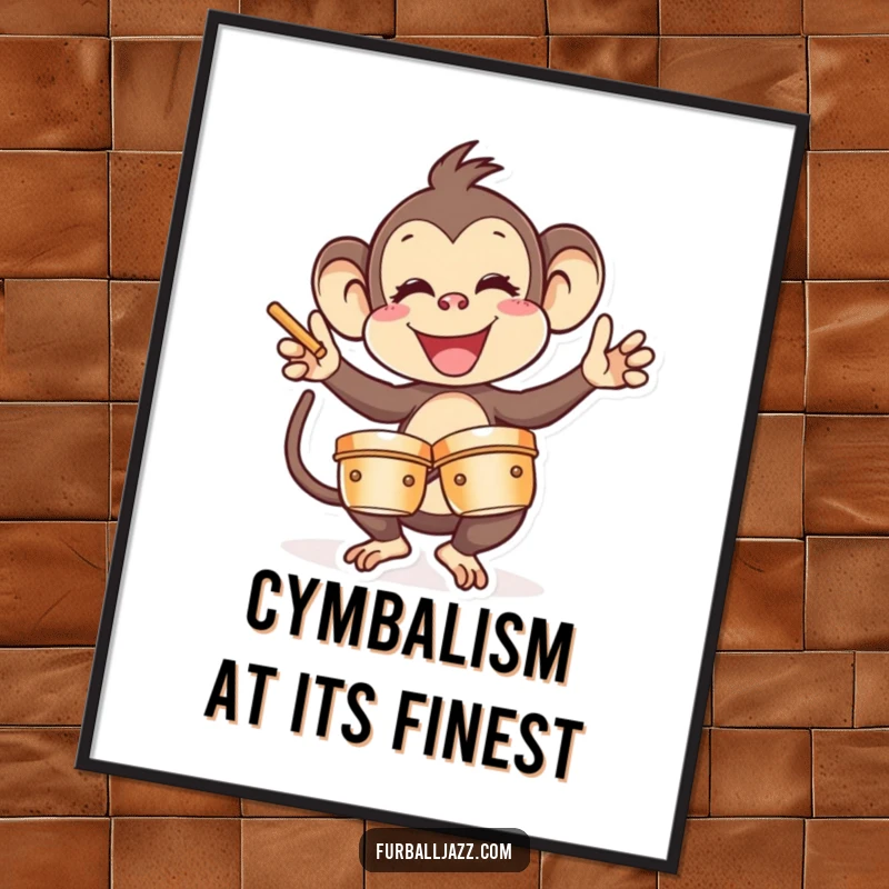 Funny Free Printable Wall Art: Energetic monkey joyfully playing a set of cymbals, capturing a moment of musical chaos.