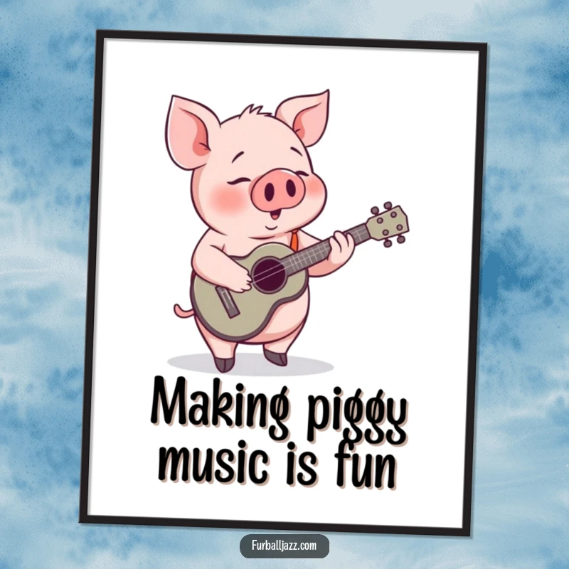 Funny Free Printable Wall Art: Pig character deeply engrossed in playing a cheerful ukulele. Whimsical downloadable decor.
