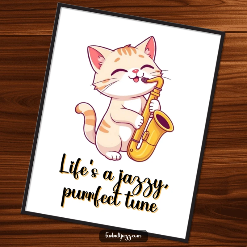 Funny Free Printable Wall Art featuring a cat playing a saxophone with a joyful, tilted head, a cool downloadable piece for any room.