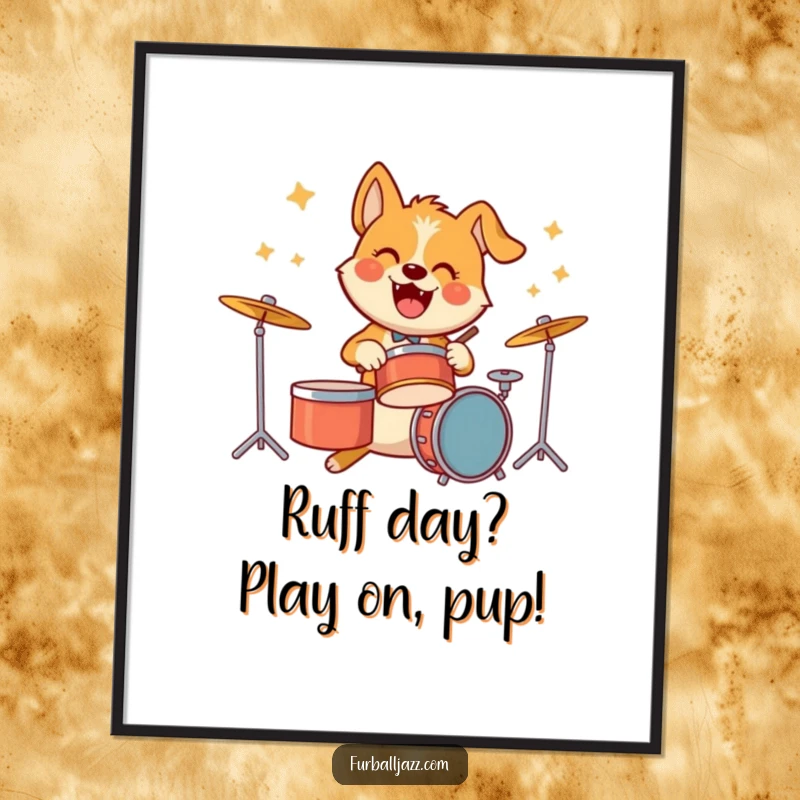 Funny Free Printable Wall Art: A dog wildly playing drums, sticks a blur, radiating pure musical exuberance.