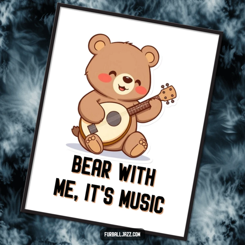 Funny Free Printable Wall Art featuring a bear happily strumming a tiny banjo, a charming downloadable piece for any room.