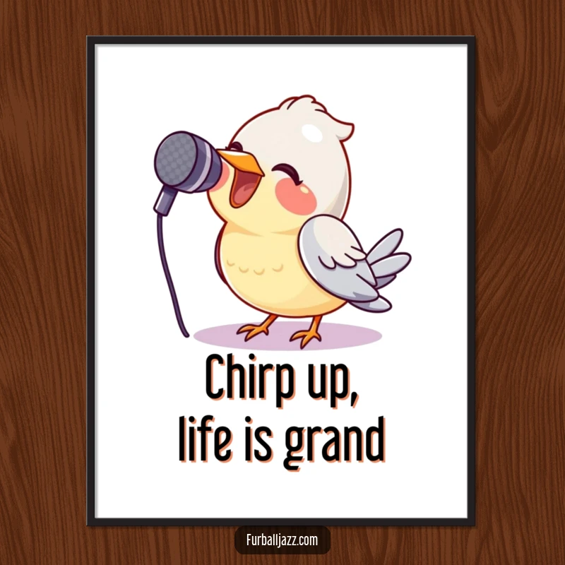 Funny Free Printable Wall Art: A bird sings its heart out into a microphone with a huge, happy smile.