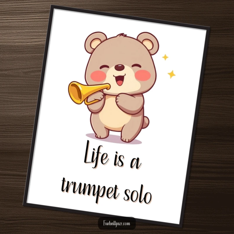 Funny free printable wall art: A grinning bear plays a shiny trumpet with great joy, creating a lively and musical atmosphere.