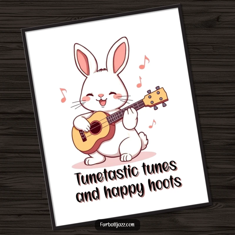 Funny free printable wall art: A happy rabbit with a ukulele, creating a cheerful melody and adding musical vibes to any room.