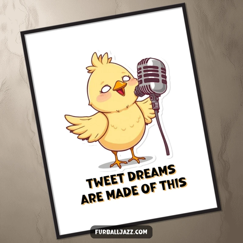 Funny Free Printable Wall Art of a whimsical bird character belting out a tune into a classic vintage microphone.