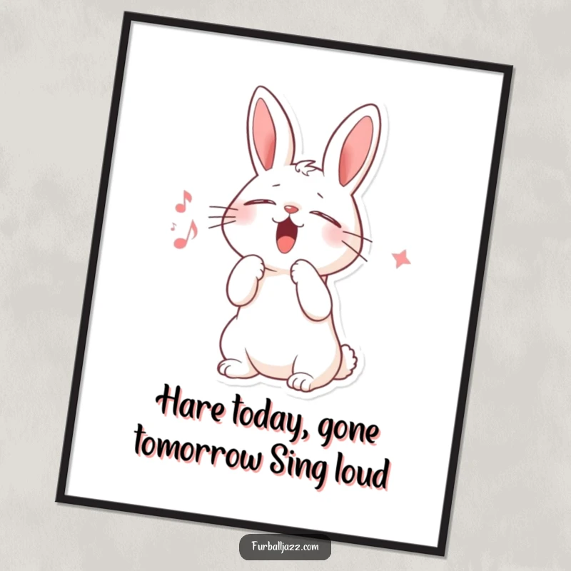 Funny Free Printable Wall Art: A rabbit with closed eyes and raised paw, passionately scat singing, adding musical joy.