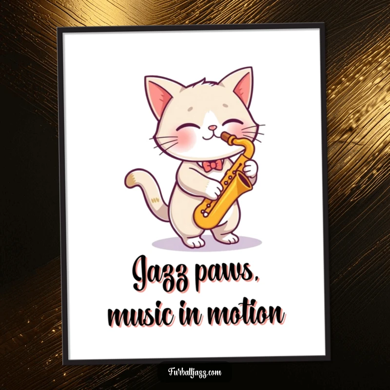 Funny Free Printable Wall Art featuring a cute cat, head tilted, playing a saxophone with vibrant energy and musical flair.
