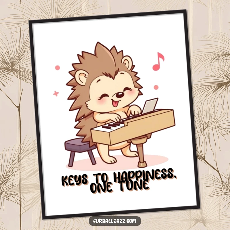 Funny Free Printable Wall Art: Smiling hedgehog happily playing a lively tune on a piano, creating a heartwarming and musical scene.