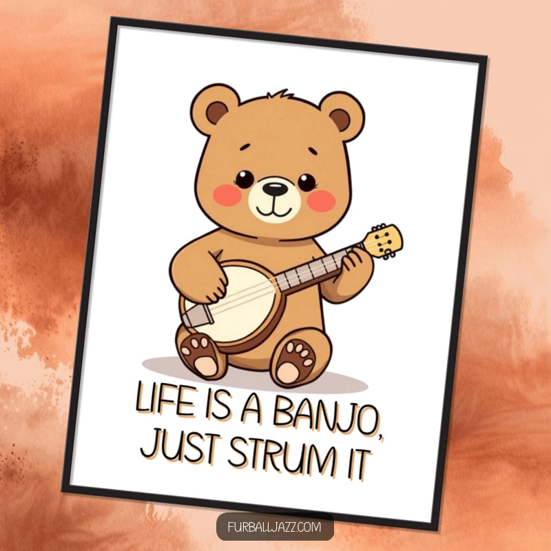 Funny Free Printable Wall Art: A happy bear happily strums a tiny banjo, creating a cozy and whimsical atmosphere.