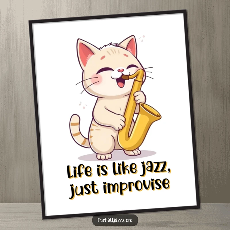 Funny Free Printable Wall Art: A cat enthusiastically plays a saxophone with a tilted head, creating a cool musical vibe.