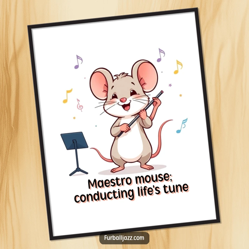 Funny Free Printable Wall Art of a happy mouse passionately conducting an imaginary orchestra, full of musical energy.