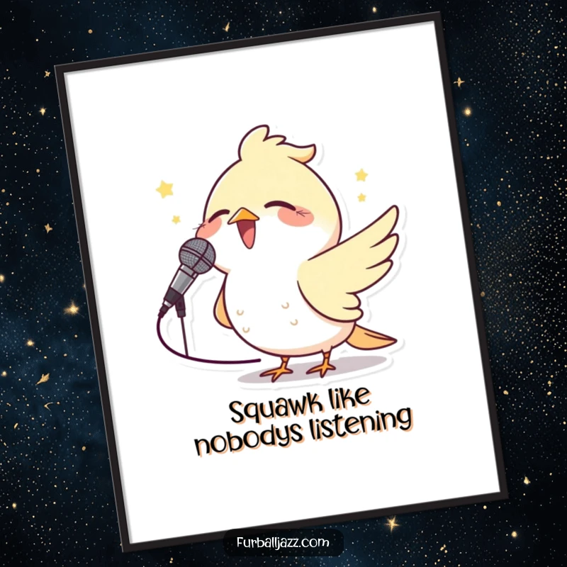Funny free printable wall art: A joyful bird sings passionately into a miniature microphone, creating an upbeat and musical vibe.