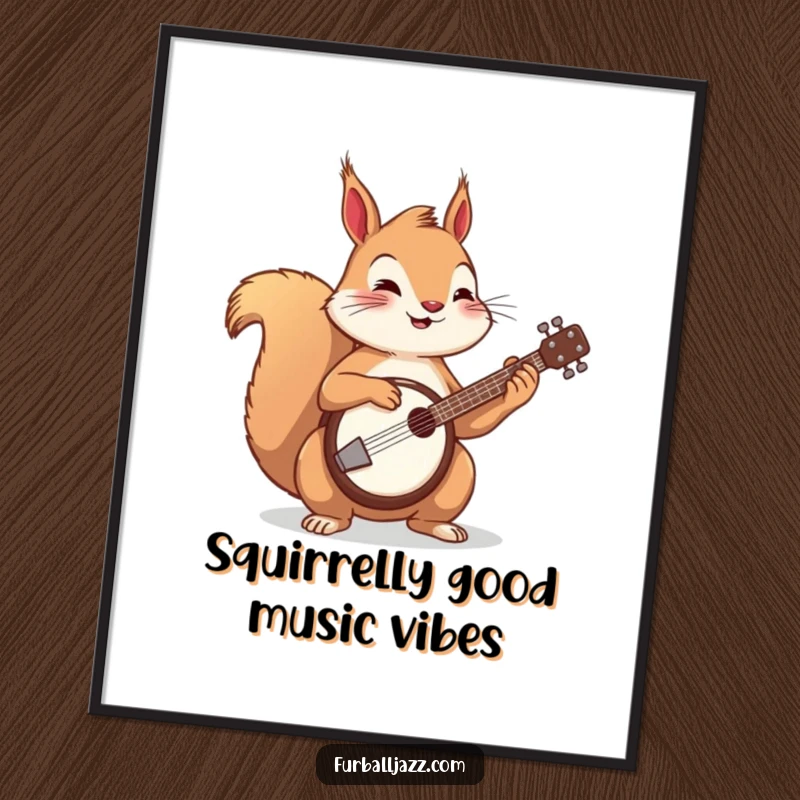Funny free printable wall art: A whimsical squirrel energetically playing a banjo, bringing music and joy to the space.