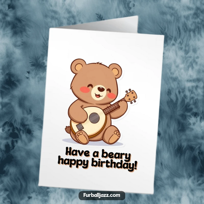 Funny Free Printable Birthday Card featuring a bear happily strumming a tiny banjo, a charming downloadable surprise.