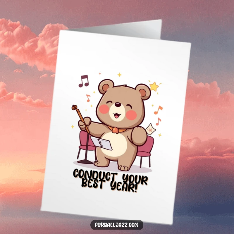 Funny Free Printable Birthday Card showing a bear character gleefully conducting an invisible orchestra, celebrating with pure delight.
