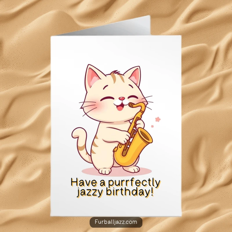 Funny Free Printable Birthday Card: A cat with a wide smile plays a saxophone enthusiastically.