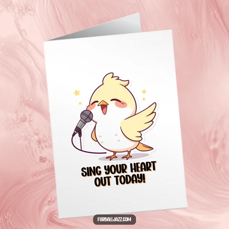 Funny free printable birthday card: A happy bird sings its heart out into a tiny microphone, ready to belt out birthday tunes.