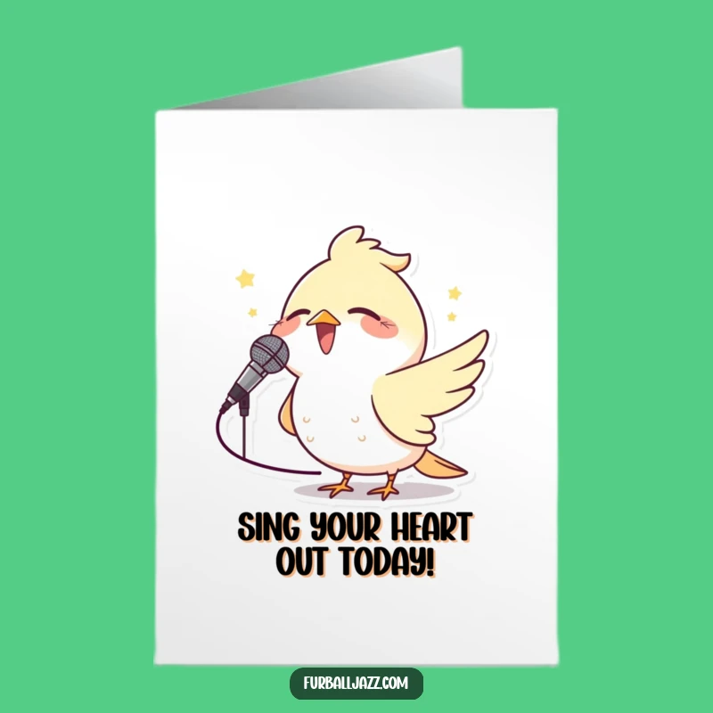 Free Printable Birthday Card: Chirpy Bird Microphone Singer Funny Downloadable Gift