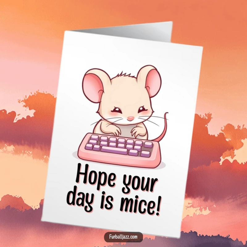 Funny Free Printable Birthday Card: A mouse happily types on a tiny keyboard, celebrating with digital cheer.