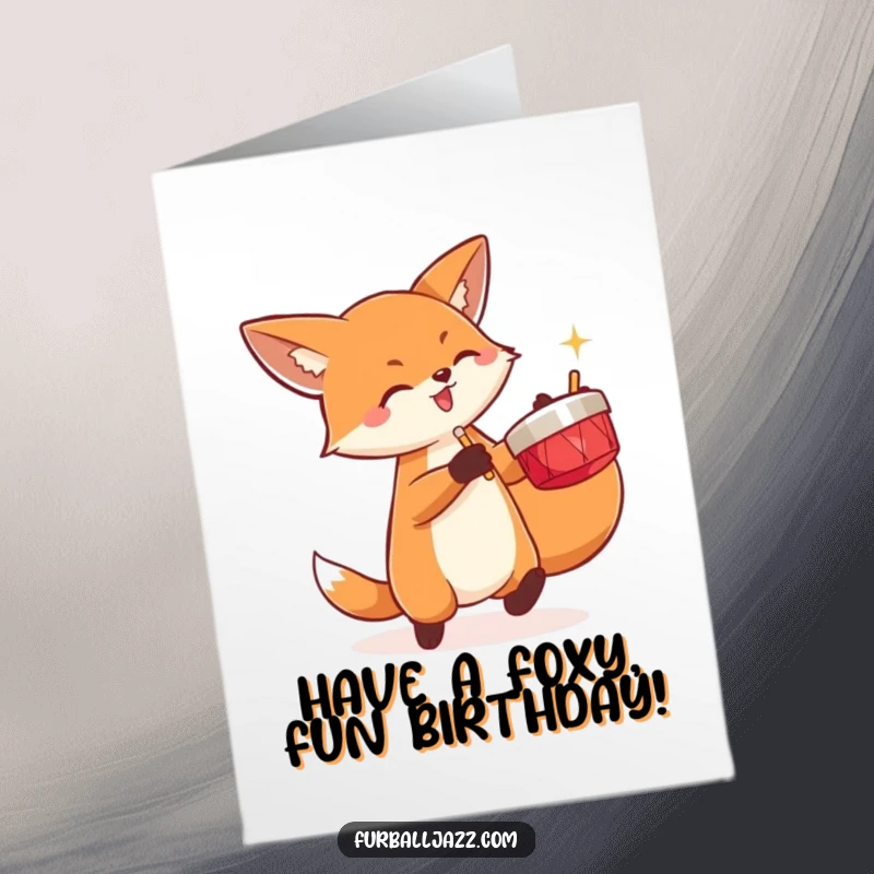 Funny Free Printable Birthday Card featuring a fox energetically playing cymbals, a loud and fun downloadable surprise.