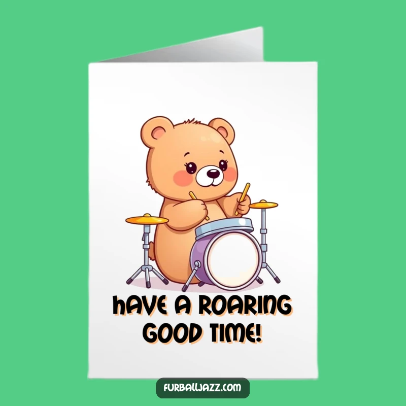 Free Printable Birthday Card: Drumming Bear Cub, Energetic Downloadable Gift for Rock Stars