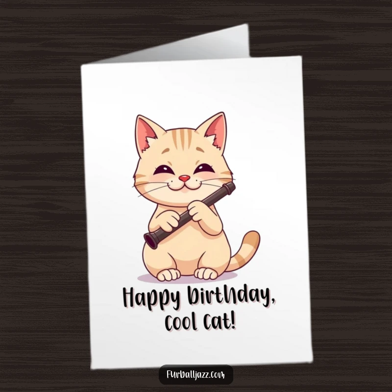 Funny Free Printable Birthday Card: A cat with a happy, focused expression playing the clarinet.