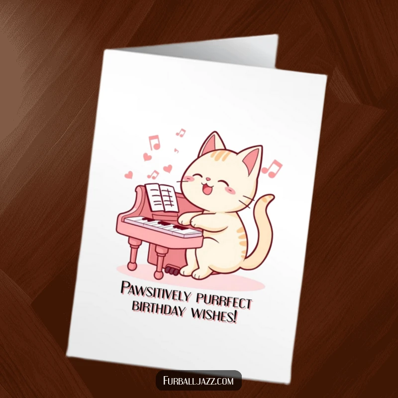 Funny Free Printable Birthday Card featuring a cat playing piano with joyful musical notes, a hilarious downloadable gift.