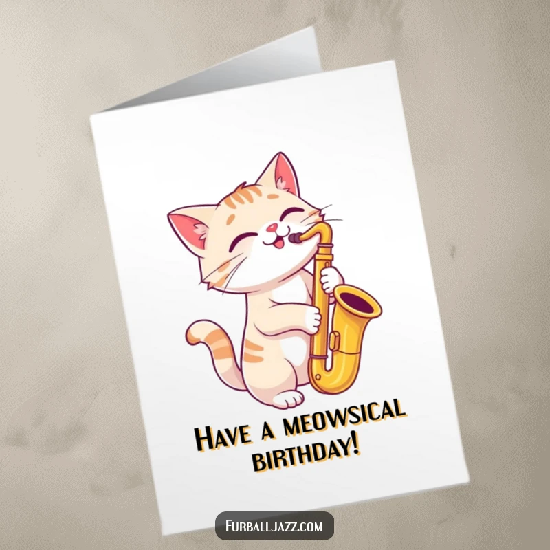 Funny Free Printable Birthday Card showcasing a cat playing a saxophone with a joyful, tilted head, a cool downloadable surprise.