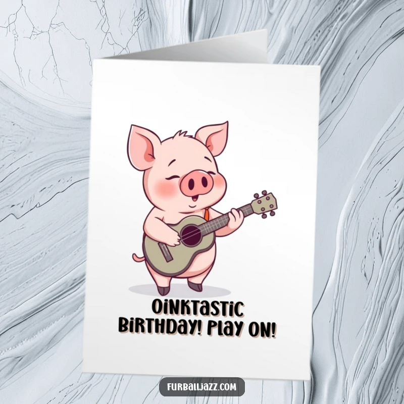 Funny Free Printable Birthday Card: Pig deeply engrossed playing a cheerful ukulele, spreading musical birthday wishes. A downloadable delight.