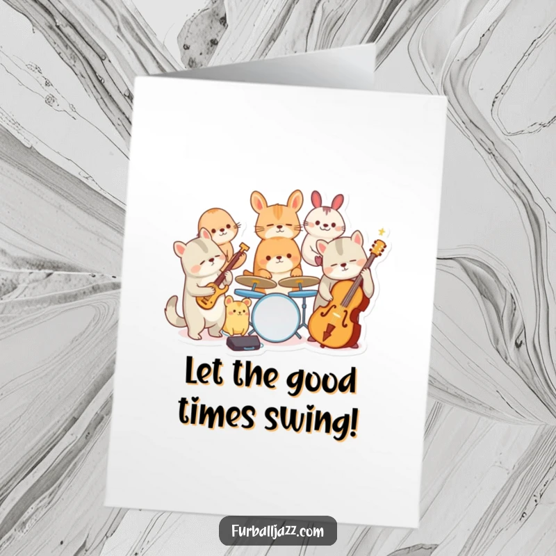 Funny Free Printable Birthday Card: A comical animal jazz band plays instruments with chaotic joy, ready to celebrate.