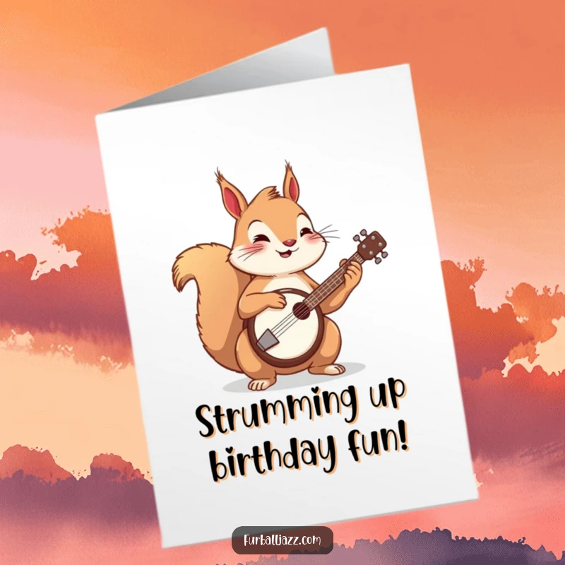 Funny free printable birthday card: A cheerful squirrel energetically playing a lively banjo tune in a forest setting.
