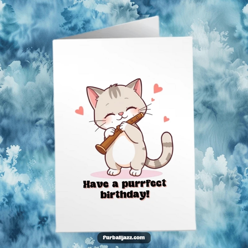 Funny Free Printable Birthday Card: Cat swaying rhythmically while playing a clarinet, exuding cool jazz vibes for a birthday wish.