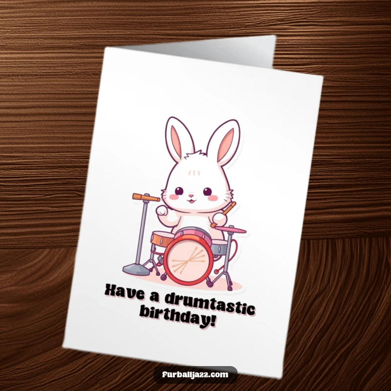Funny Free Printable Birthday Card: Fluffy rabbit energetically drumming, celebrating with a cool beat, gift download.