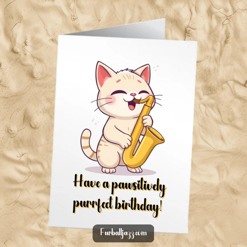 Funny Free Printable Birthday Card: A joyful cat tilting its head while playing a rocking saxophone, perfect for a music lover.