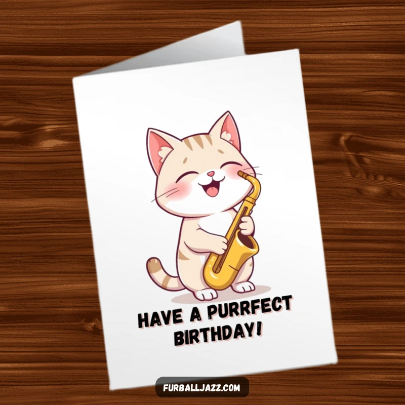 Funny Free Printable Birthday Card: A cool cat with a joyful expression playing a saxophone, ready to jam
