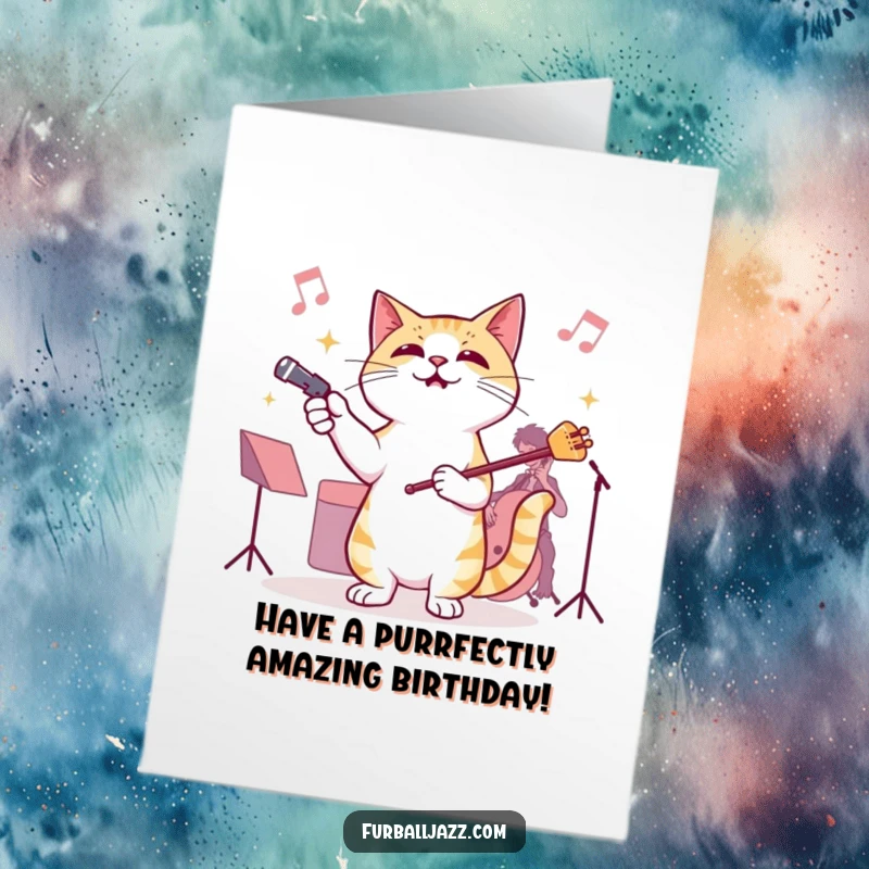 Funny Free Printable Birthday Card: A cat gleefully conducting an invisible jazz orchestra with energetic flair.