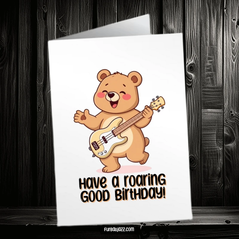 Funny Free Printable Birthday Card: Bear doing a happy jig and playing bass guitar, ready to party, downloadable.