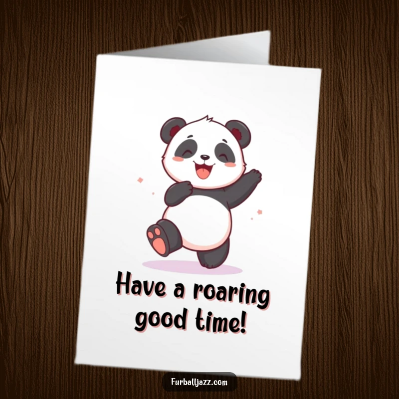 Funny Free Printable Birthday Card: A panda joyfully taps its foot, dancing to an unheard rhythm with ecstatic energy.