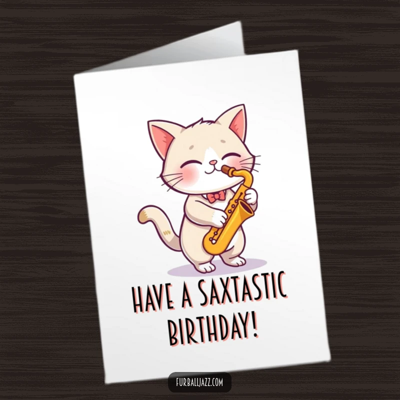 Funny Free Printable Birthday Card of a cute cartoon cat energetically playing a saxophone with musical notes floating around.
