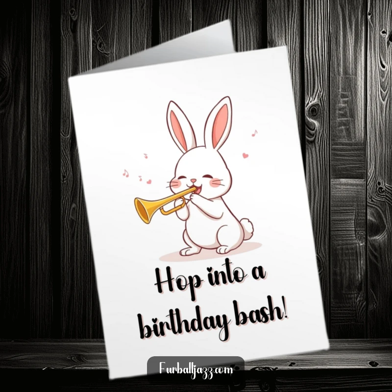 Funny Free Printable Birthday Card: Rabbit blowing a cheerful tune on a trumpet, ready to celebrate.